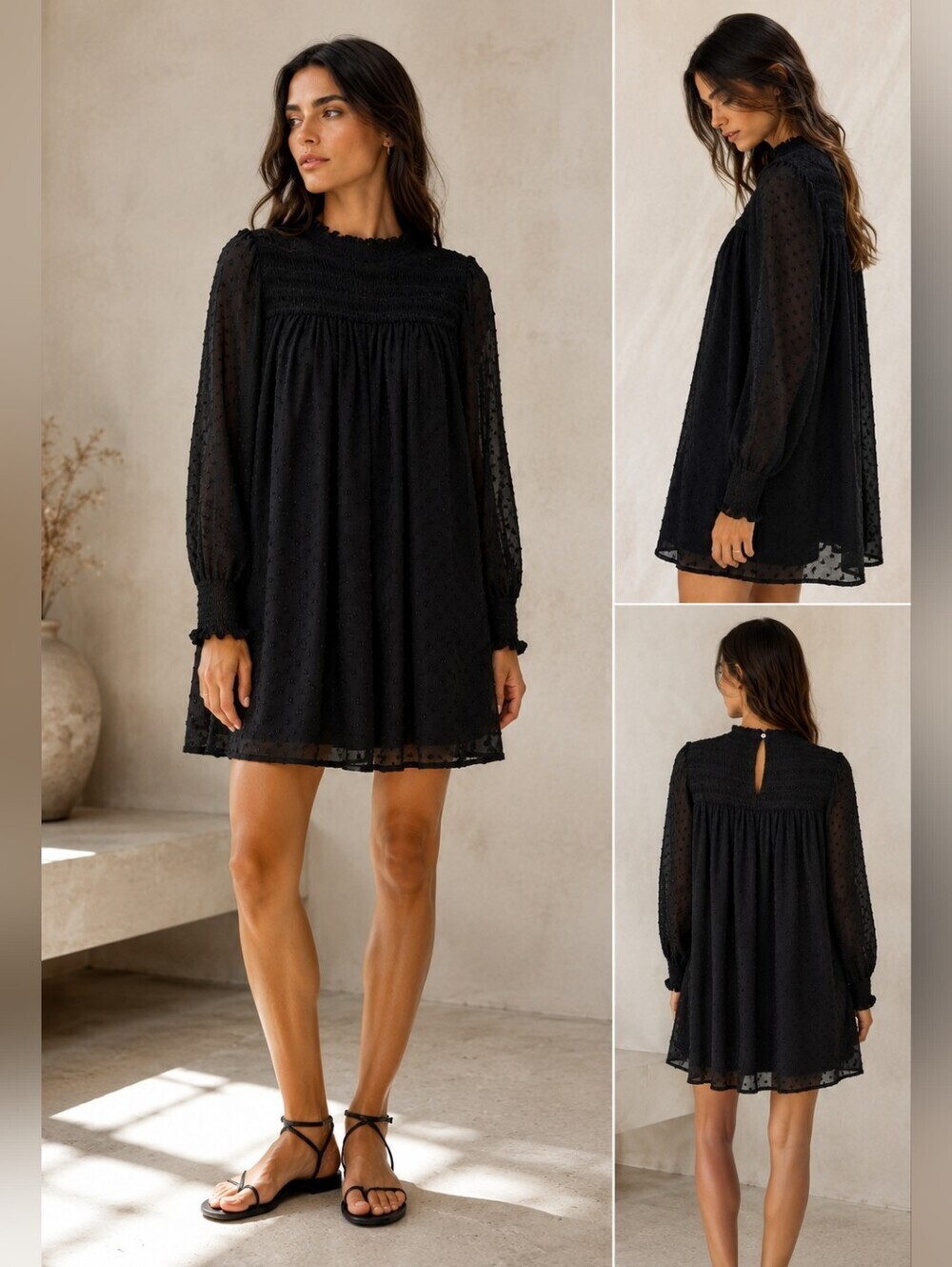 Zara Basic Black Swiss Dot Smocked Mini Dress | Size M